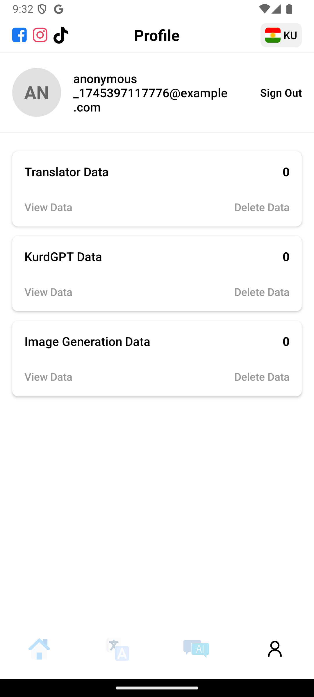 The Kurd Apps profile tab, showing the options for viewing and deleting stored translations, chats and generated images