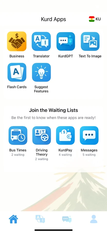 The Kurd Apps home screen, showing the app icons and the waiting lists