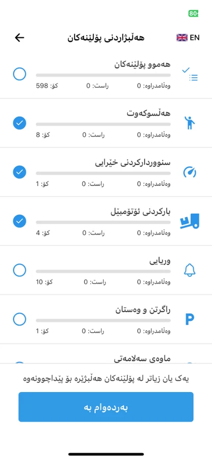 Driving Theory — the question categories in Kurdish